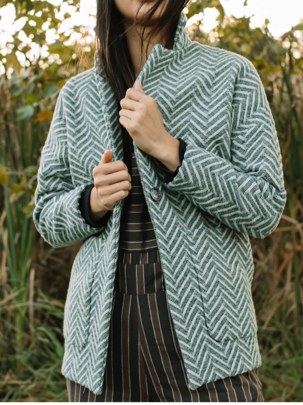Liz Alig Portuguese Wool Pieper Knit Coat Green Chevron Handmade 3/4 Sleeve-S
